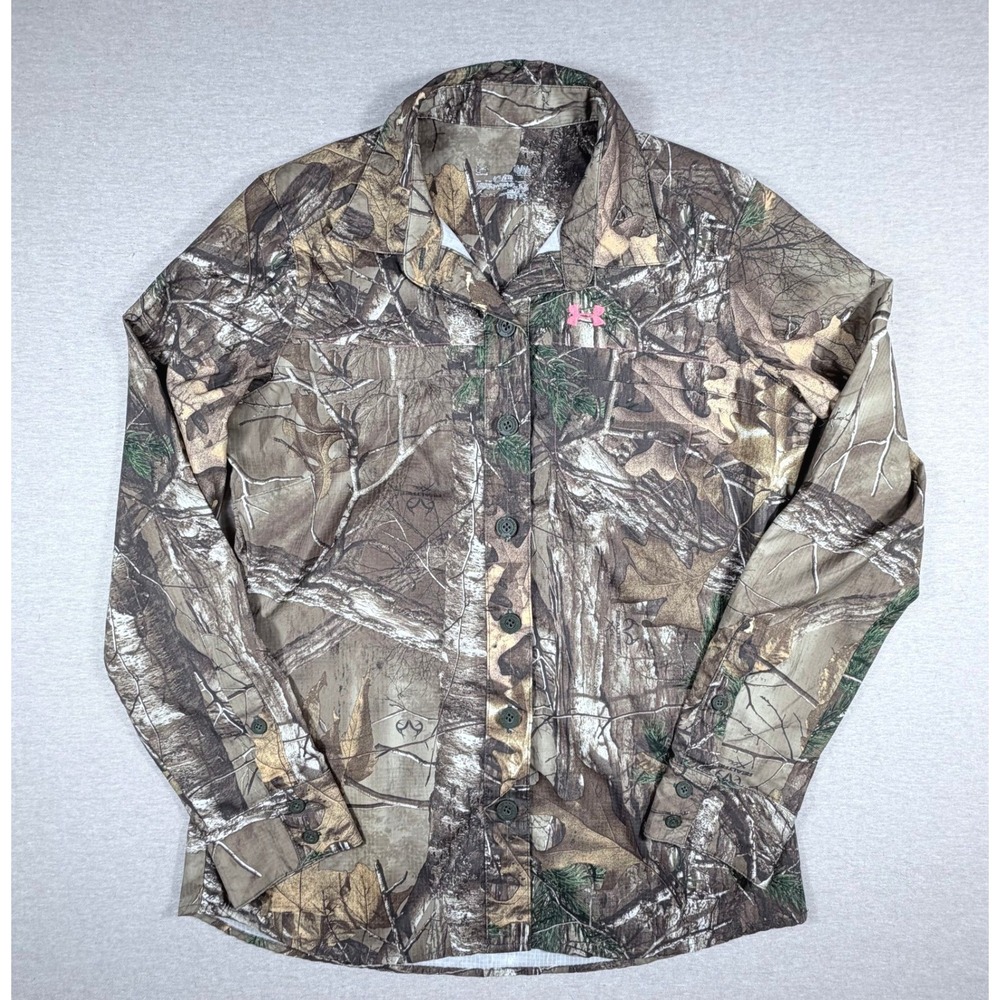 Under Armour Realtree Xtra Camo Shirt Womens LG Pink Antler Logo Ripstop Hunting